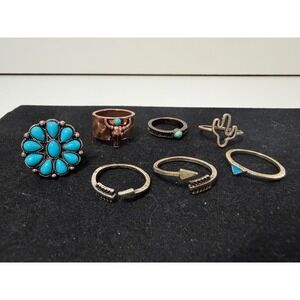 7pc Western Style Ring Set Turquoise Faux Stone Steer Skull Cactus Arrow Mixed